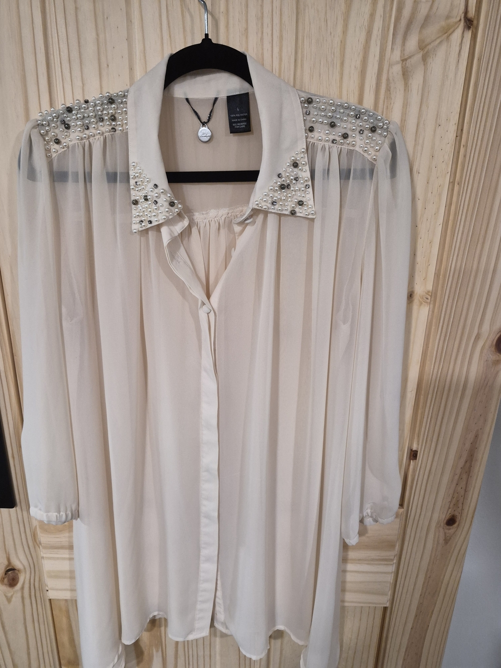 BKE Embellished Collar Sheer Button-Up Blouse in Cream